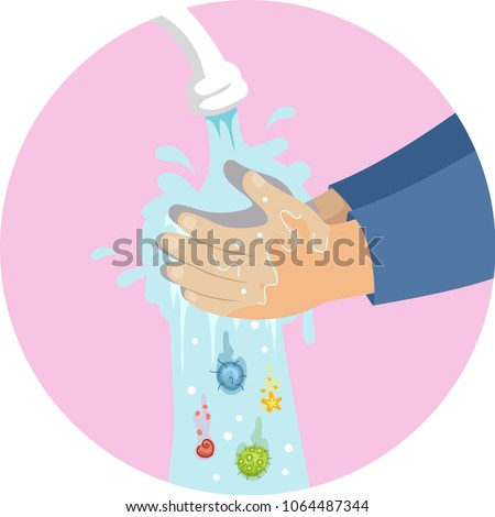 Illustration of a Kid Hands Washing Hands Under Faucet with Germs Falling Down