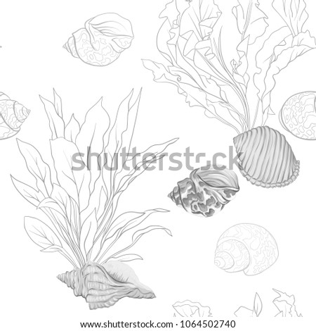 Sea world seamless pattern, background with fish, corals and shells on white background. Stock vectorÂ illustration. In monochrome gray colors