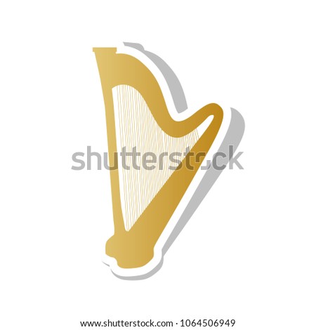 Musical instrument harp sign. Vector. Golden gradient icon with white contour and rotated gray shadow at white background.