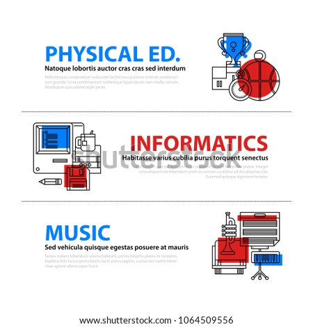 Set of three web banners about education and college subjects in flat illustration style on colorful background. Physical education, computer science and music.