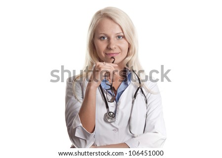 girl in a white lab coat with glasses in their hands with phonendoscope