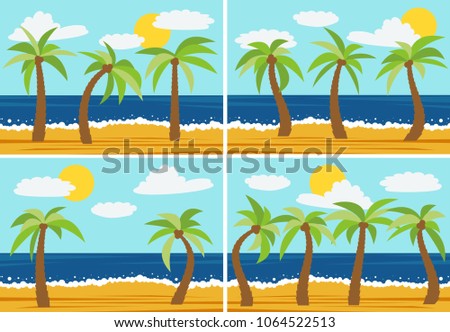 Set of four images with cartoon nature landscapes with palms in the summer beach. Vector illustration.
