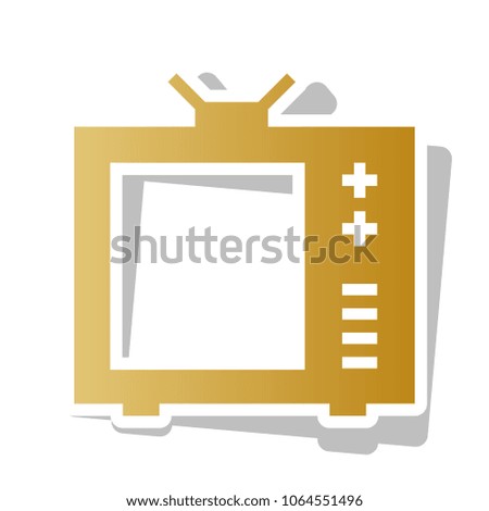 TV sign illustration. Vector. Golden gradient icon with white contour and rotated gray shadow at white background.