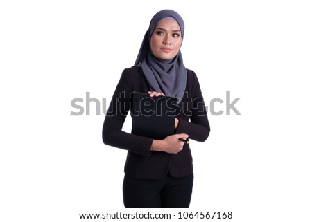 Portraiture of confidence Asian girl and hold tablet with over white background
