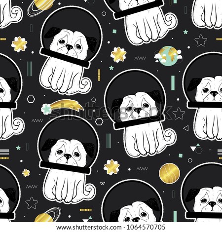 Seamless pattern with cute  hand drawn pugs and planets. All elements are  hidden under mask. Pattern are not cropped and can be edited. Solar system, space, universe. Dog, pet, animal.