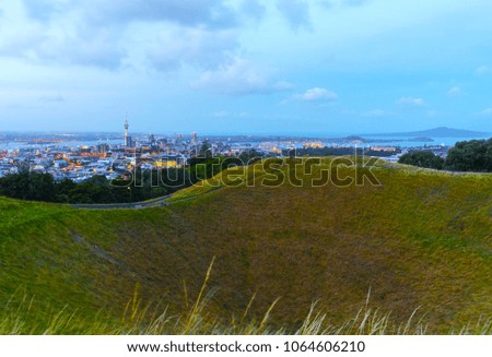 Landscape View of Mt Eden Crater and View to Auckland New Zealand; After Sunset Mount Eden Auckland New Zealand