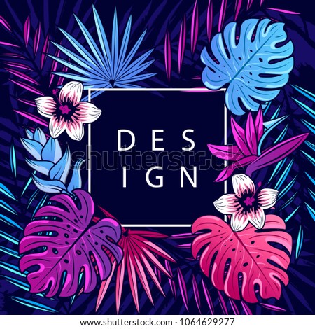 Bright tropical background with jungle palm and monstera plants, strelizia and hibiscus flowers. Exotic card, poster, banner with palm leaves. Vector illustration.