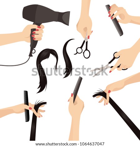 Vector Set of Beautiful Woman Hairdresser Hands in Beauty Salon with Accessories  Design Set Isolated on White