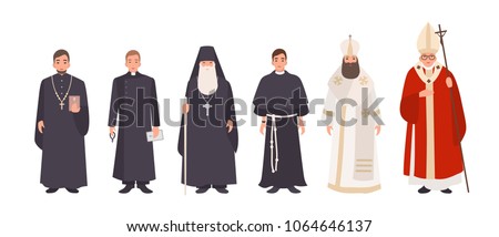 Collection of monks, priests and religious leaders of Catholic and Orthodox christian churches. Bundle of clergymen or male flat cartoon characters isolated on white background. Vector illustration. Royalty-Free Stock Photo #1064646137