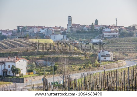 Panoramic view of a rural village with vineyards in the alps near Dobrovo, Slovenia. Way home
