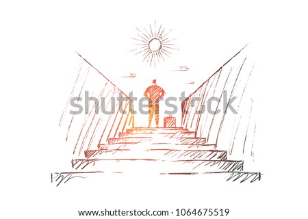 Vector hand drawn new work concept sketch. Bisinessman standing backwards at top of stairway and looking at the Sun. Royalty-Free Stock Photo #1064675519
