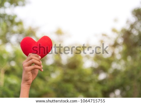 Romantic lovely valentine concept with hand gently raise up red heart on sky background