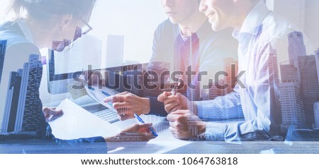 business people working on marketing plan  together in modern office, teamwork, double exposure banner Royalty-Free Stock Photo #1064763818