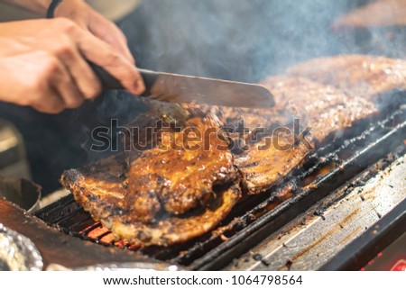 Pork ribs cooked to look good. Grilled on the grill It is popular in Thailand. Famous for the world.