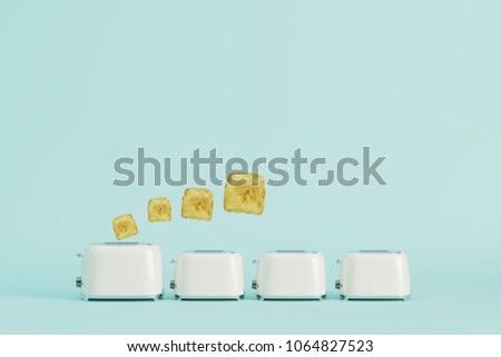 toaster with bread on blue pastel background. minimal style concept.