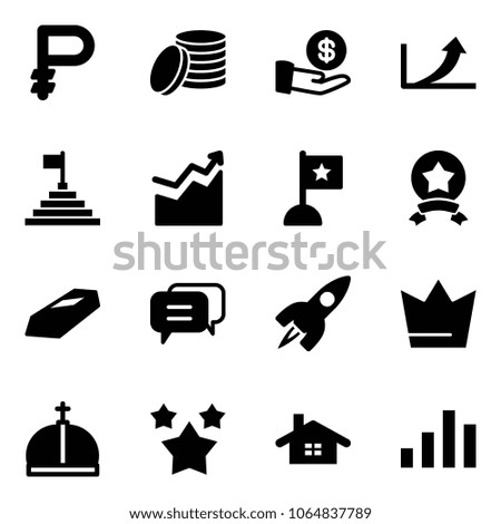 Solid vector icon set - ruble vector, coin, investment, growth arrow, pyramid flag, star medal, gold, dialog, rocket, crown, stars, home, chart