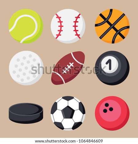 Set of sport balls flat icons. Collection of balls for football, soccer, tennis, rugby, basketball, billiard, baseball, bowling, golf, hockey puck in flat style. Sport equipment sign symbols