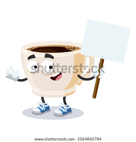 cartoon joyful cup of coffee mascot with tablet in hand on white background
