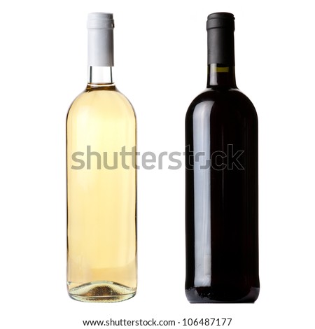 Red and white wine bottles on white background Royalty-Free Stock Photo #106487177