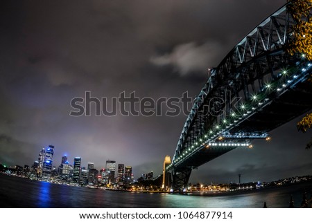 Fisheye image of Sydney Harbor Bridge at night, Australia.
