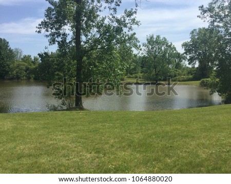 Here is a beautiful lake, surrounded by healthy maple and oak trees, and soft green grass