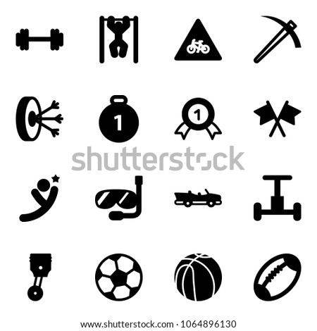 Solid vector icon set - barbell vector, pull ups, road for moto sign, job, solution, gold medal, flags cross, flying man, diving, cabrio, gyroscope, piston, soccer ball, basketball, football