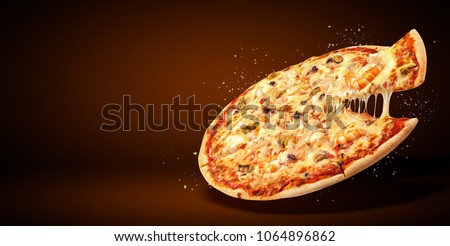 Concept promotional flyer and poster for Restaurants or pizzerias, template with delicious taste seafood pizza, mozzarella cheese and copy space for your text. Royalty-Free Stock Photo #1064896862