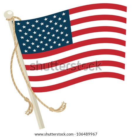 usa flag with flagpole and rope, isolated on white