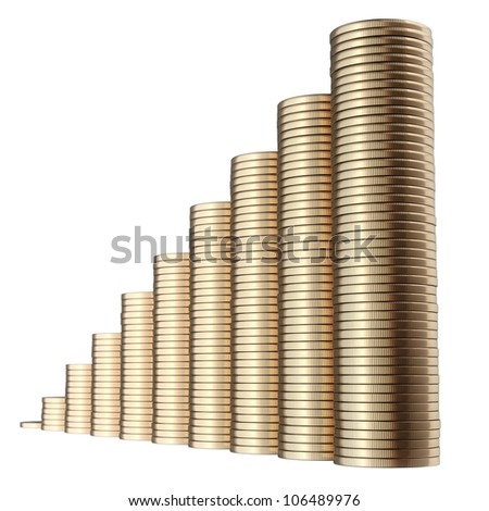 revenue growth in the form of piles of golden coins isolated on white background (second version)