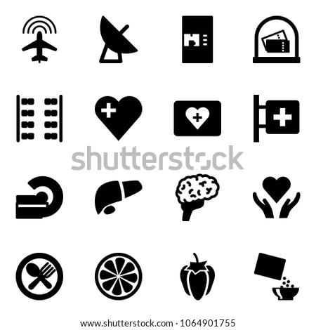 Solid vector icon set - plane radar vector, satellite antenna, coffee machine, seats, heart, first aid kit, room, mri, liver, brain, care, fork spoon plate, lemon slice, sweet pepper, cereal