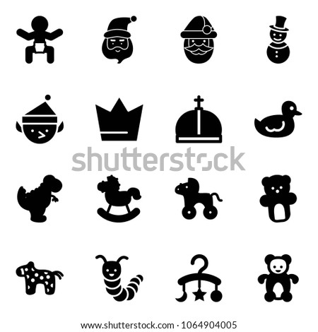 Solid vector icon set - baby vector, santa claus, snowman, christmas elf, crown, duck toy, dinosaur, rocking horse, wheel, bear, caterpillar, carousel