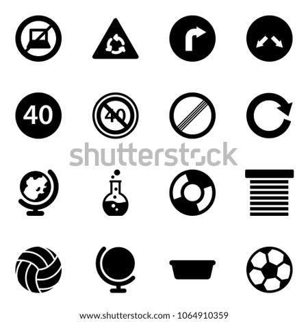 Solid vector icon set - no computer sign vector, round motion road, only right, detour, minimal speed limit, end, reload, globe, flask, circle chart, jalousie, volleyball, basin, soccer ball