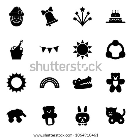 Solid vector icon set - santa claus vector, bell, firework, cake, champagne, flag garland, sun, community, rainbow, crocodile, bear toy, elephant wheel, rabbit, cat