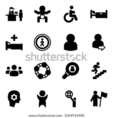 Solid vector icon set - passport control vector, baby, disabled, hotel, hospital bed, no pedestrian road sign, user, login, group, friends, head hunter, career, brain work, success, world, win