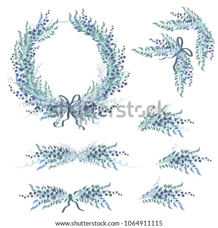 Vector floral set. Floral wreath. Spring or summer design for wedding invitation. Leafs, flowers and berries composition.
