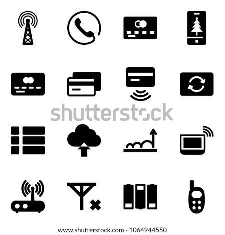 Solid vector icon set - antenna vector, phone, credit card, christmas mobile, tap pay, exchange, menu, upload cloud, growth, notebook wi fi, router, no signal, battery, toy
