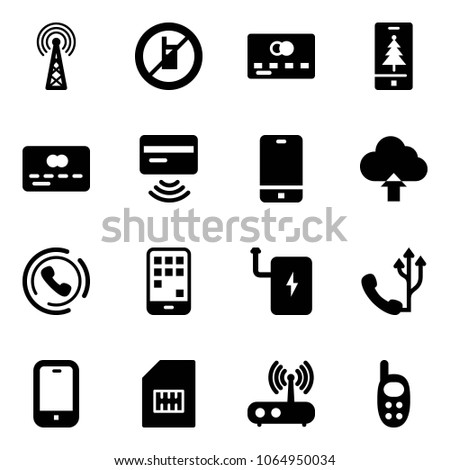 Solid vector icon set - antenna vector, no mobile sign, credit card, christmas, tap pay, phone, upload cloud, horn, power bank, sim, wi fi router, toy