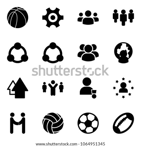 Solid vector icon set - basketball ball vector, gear, group, social, community, man globe, arrow up, team leader, winner, star, agreement, volleyball, soccer, football