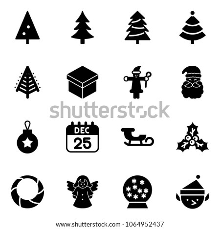 Solid vector icon set - christmas tree vector, gift, santa claus, ball, 25 dec calendar, sleigh, holly, wreath, angel, snowball, elf