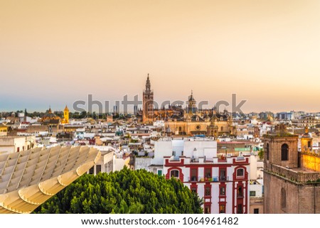 The Metropol Parasol (officially called Setas de Sevilla) is a structure in the shape of a pergola made of wood and concrete located in the city of Seville, in Andalusia, Spain. Royalty-Free Stock Photo #1064961482