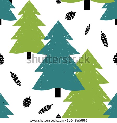 Modern kids scandinavian seamless pattern with green spruce, blue fir-tree, pine cone, fir cones. Simple cute nordic illustrations on white background.