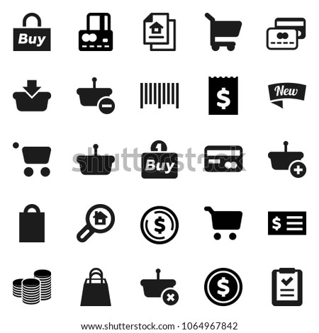 Flat vector icon set - dollar coin vector, cart, credit card, stack, receipt, estate document, search, new, shopping bag, buy, barcode, basket, list