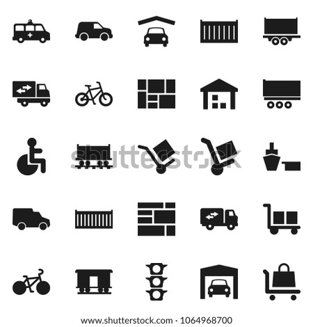 Flat vector icon set - bike vector, Railway carriage, traffic light, truck trailer, sea container, car, port, consolidated cargo, warehouse, disabled, amkbulance, garage, relocation, trolley