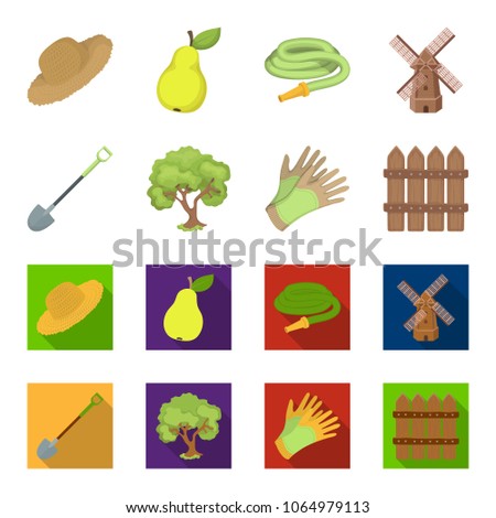 A shovel with a handle, a tree in the garden, gloves for working on a farm, a wooden fence. Farm and gardening set collection icons in cartoon,flat style vector symbol stock illustration web.