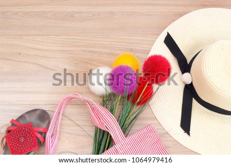 Top view, summer holiday, summer vacation and accessories on a wooden table, vacation and travel, beach accessories on wooden board with hat, bag, shoes, glasses and mobile phones.