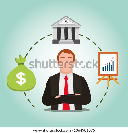 businessman with bank bag money and presentation statistic finance