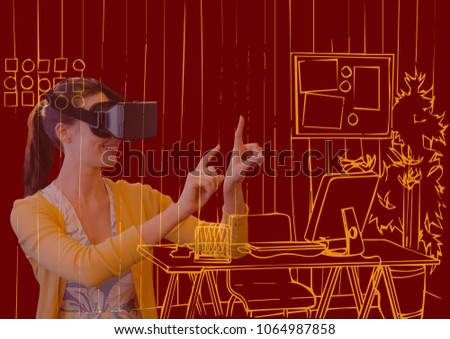 young woman with 3D glasses overlap with new office orange lines on dark red background