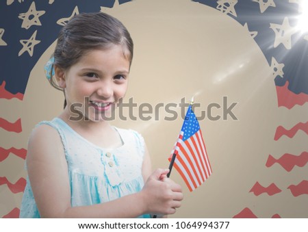 Girl holding american flag against hand drawn american flag with flare