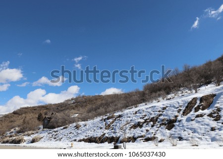 A home in the hills in springtime with a budding tree, snow, sage brush, a blue sky with white clouds