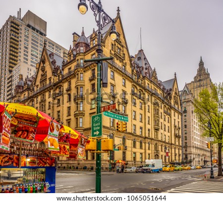 Corner of 72nd Street and Central Park West, New york City - with the Dakota Building in rhe background. Royalty-Free Stock Photo #1065051644